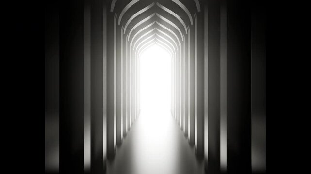 Abstract 3d loopable animation arabic arch gate in corridor or tunnel with light. Realistic background in minimal style.