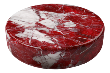 Round red and white marble podium isolated on transparent background