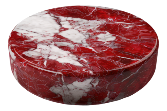 Round red and white marble podium isolated on transparent background