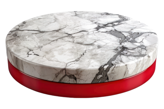 Round red and white marble podium isolated on transparent background
