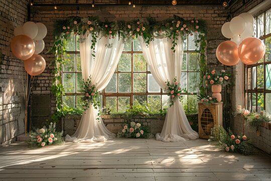 the backdrop with matching decorative balloons and flowers professional advertising food photography