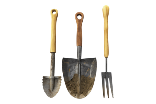Shovel and gardening tools isolated on transparent background