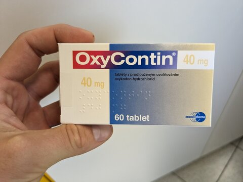 Prague,Czech republic-June 28 2024: OXY-CONTIN box of medication with Oxycodone active substance by Purdue Pharma, used for treatment of chronic and severe pain relief.