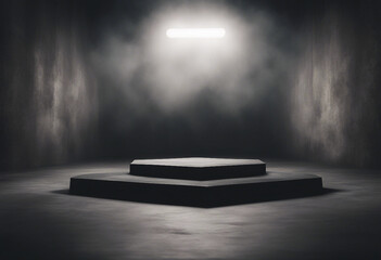 Podium black dark smoke background product platform abstract stage texture fog spotlight Dark black