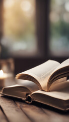 An open book sits atop a wooden table ready for reading