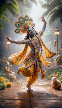 Hindu God Krishna  with cow , in nature, dancing