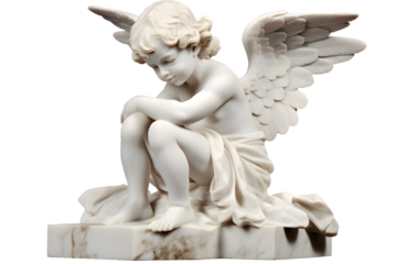 White marble statue of sitting cherub, isolated on transparent background