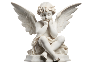 White marble statue of sitting cherub, isolated on transparent background