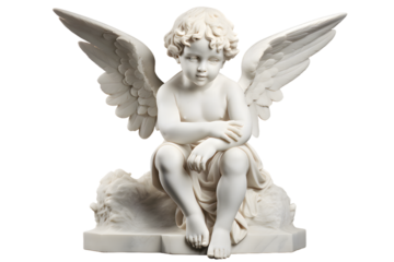 White marble statue of sitting cherub, isolated on transparent background