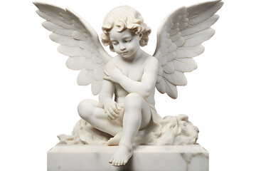 Fototapeta premium White marble statue of sitting cherub, isolated on transparent background