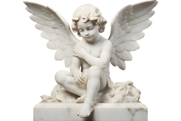 White marble statue of sitting cherub, isolated on transparent background