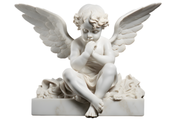 White marble statue of sitting cherub, isolated on transparent background
