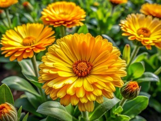 Fototapeta premium Vibrant yellow calendula leaves with delicate veins and edges, showcasing their potent medicinal properties, rich in antioxidants and antibacterial compounds for natural healing remedies.