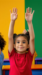 Diverse students raising hands in a colorful classroom, engaged learning, educational banner