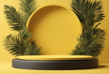 Obraz premium Yellow podium product background 3d summer display platform nature minimal Product stand yellow back