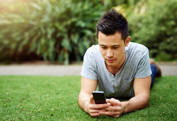 Relax, internet and man on lawn with phone for social media, chat app and chill in nature. Guy,...