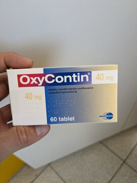 Prague,Czech republic-June 28 2024: OXY-CONTIN box of medication with Oxycodone active substance by Purdue Pharma, used for treatment of chronic and severe pain relief.