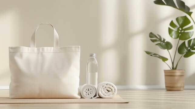 Yoga mat with a white canvas tote bag, a rolled up towel, and a water bottle on top of it. The yoga mat should be placed on a wooden floor in a room with a plant in the corner. Mockup tote.