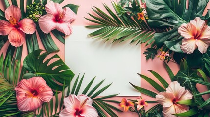 Tropical floral frame with pink hibiscus flowers and palm leaves on a pink background, with copy space in the center. Concept for summer, vacation, travel, and relaxation.