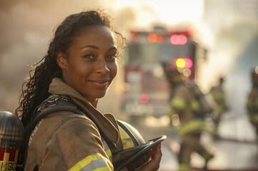 Black woman firefighter smiling and looking at camera with fire truck and other firefighters at work in background