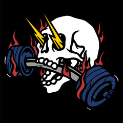 vector illustration tracing artwork of The skull bites the barbell and the eyes pop out with lightning. Can be used as Logo, Brands, Mascots, tshirt, sticker,patch and Tattoo design.