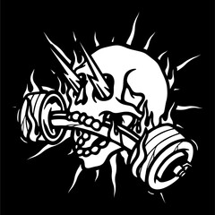 vector illustration tracing artwork of The skull bites the barbell and the eyes pop out with lightning. Can be used as Logo, Brands, Mascots, tshirt, sticker,patch and Tattoo design.