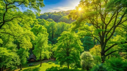 Fototapeta premium Vibrant green foliage and dense trees create a soothing, natural background perfect for design projects and presentations, evoking feelings of serenity and refreshment.