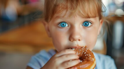 A young girl is eating a chocolate donut