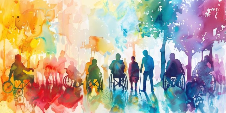 Colorful art watercolor painting depicts a diverse group of International Day of Disabled Persons, disability day