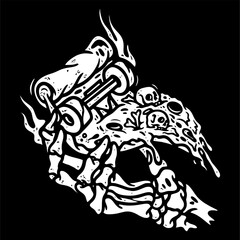 vector illustration artwork of hand skull skeleton holding pizza slice. Can be used as Logo, Brands, Mascots, tshirt, sticker,patch and Tattoo design.