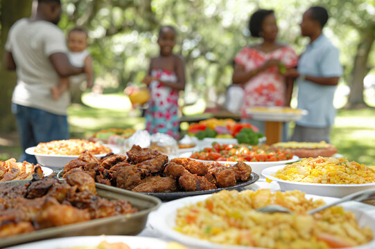Happy African American family enjoying a picnic in a park, sharing a meal of fried chicken, vegetables, salad, rice, and chicken wings, surrounded by lush greenery on a sunny day