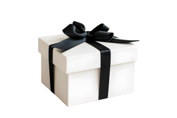 White gift box with black ribbon isolated on transparent background