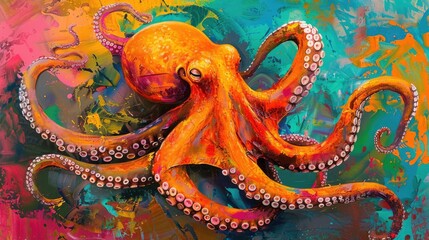 Obraz premium Colorful oil color painting of an orange octopus on a colorful background