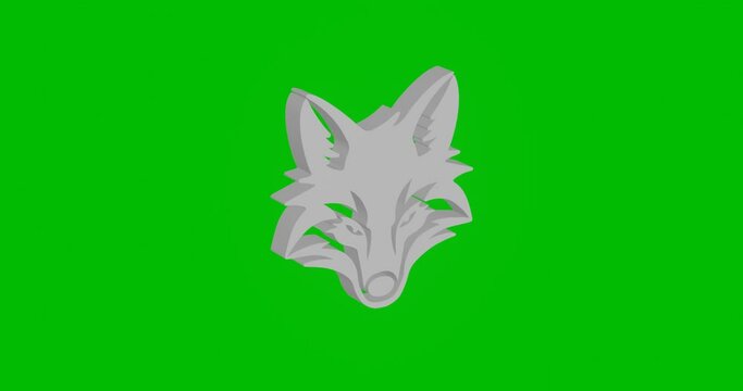Animation of rotation of a white fox's head symbol with shadow. Simple and complex rotation. Seamless looped 4k animation on green chroma key background