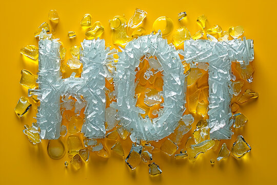 The word HOTest made of ice, melting on a yellow background.