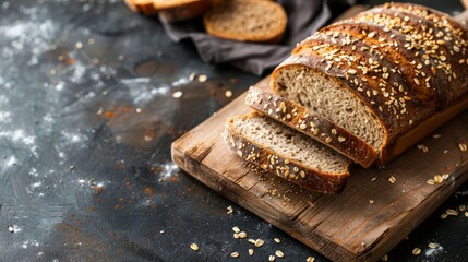 Freshly baked homemade sourdough bread loaf with oats on top sliced on wooden chopping board. Close-up view of rustic, country bread.