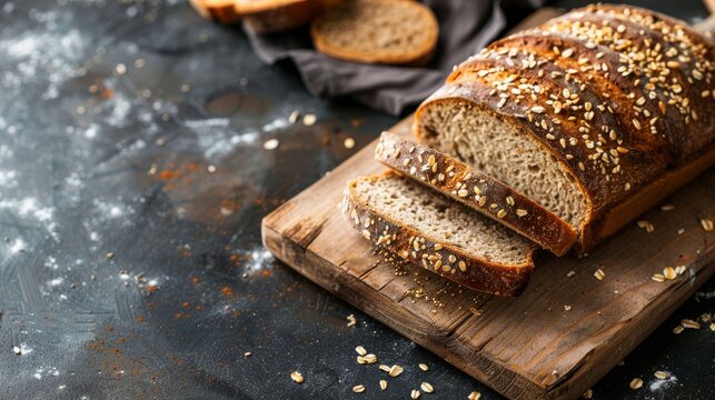 Freshly baked homemade sourdough bread loaf with oats on top sliced on wooden chopping board. Close-up view of rustic, country bread.