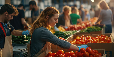 Fototapeta premium Warehouse workers sorting fresh tomatoes into cardboard boxes