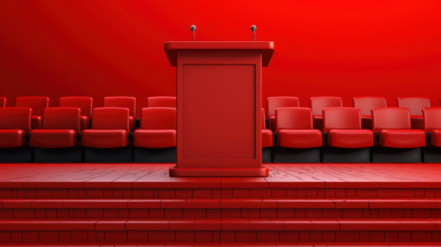 Blank podium with a school assembly backdrop, stage and seating visible