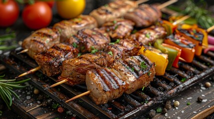 Grilled meat and vegetables on skewers over a charcoal grill for a summer barbecue. Concept of grilling, cooking, outdoor food, meat, vegetables, summer and grilling recipes.