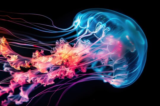 bioluminescent jellyfish in a magazine photography style, striking underwater visuals, dynamic angles, high contrast