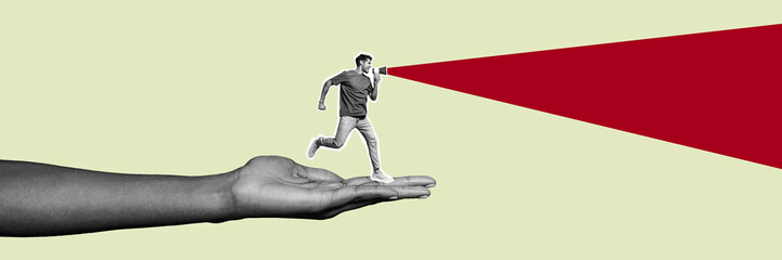 Composite trend artwork sketch photo collage of horizontal panorama young guy run fast huge hand hold megaphone way direction leader