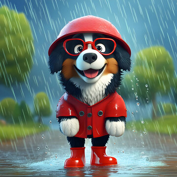 3d animated character, quirky fluffy bernese mountain dog wearing a big hat, goofy goggles and red raincoat with red boots in the rain
Like