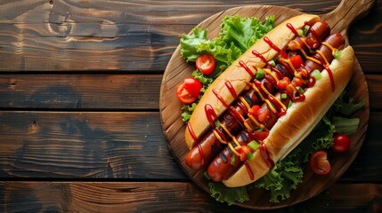Closeup of a delicious hot dog with toppings on a wooden cutting board with copy space.  A classic American food for cookouts, sporting events, and summer.
