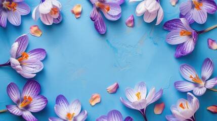Frame of spring crocus flowers on colorful background flat lay with text space