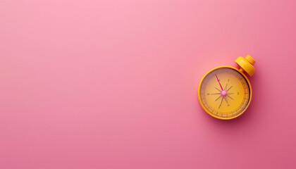 A yellow compass placed in the bottom right corner of a solid pink background, essential for drawing circles.
