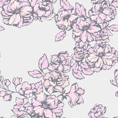 Pastel seamless pattern with blooming stylized in a many kinds wild flowers. Abstract artistic floral stems printing on a light background. Vector hand drawing illustration. Design for fabric,