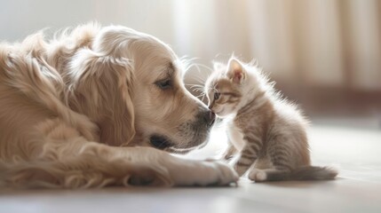 Golden Retriever and Kitten Nose-to-Nose