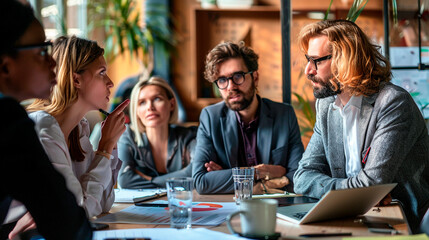 A group of business people having an intense discussion in a modern office. The scene conveys seriousness and collaboration among the team members.