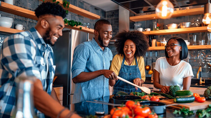 A group of four friends cooking together in a modern kitchen, laughing and enjoying the moment. The atmosphere is vibrant and full of camaraderie.